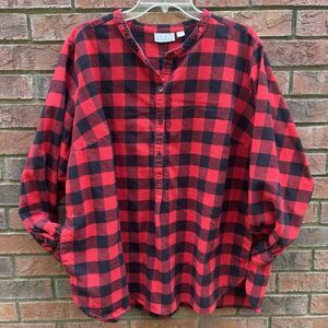 Joan Rivers Flannel Babydoll Shirt Sz 2XL Red Buffalo Plaid Back Buttons Pockets